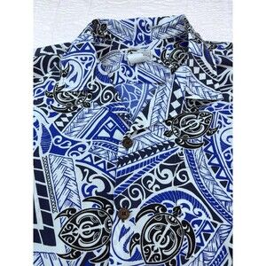 Vtg Y Not Hawaii Aloha Shirt Men's L Tapa Sea Turtle Honu Blue Print Made Hawaii